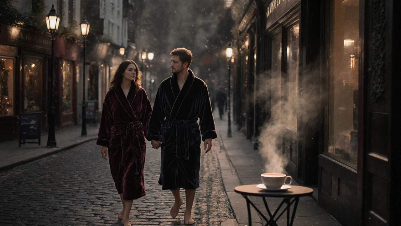A couple holding hands as they leave a spa at dusk, wrapped in robes, walking peacefully down a lantern-lit street.