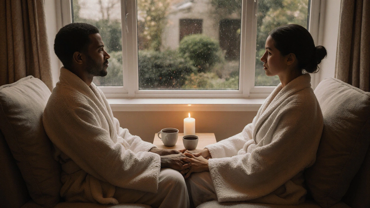 A couple holding hands in silence after a massage, wrapped in robes with herbal tea nearby.
