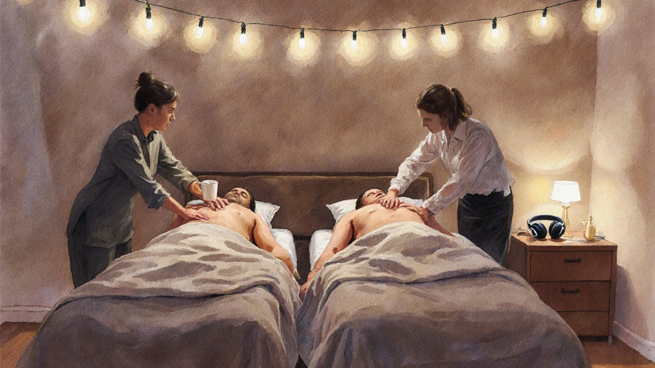 A couple receiving simultaneous massages in their bedroom, with fairy lights and tea on the nightstand, both relaxed and at peace.