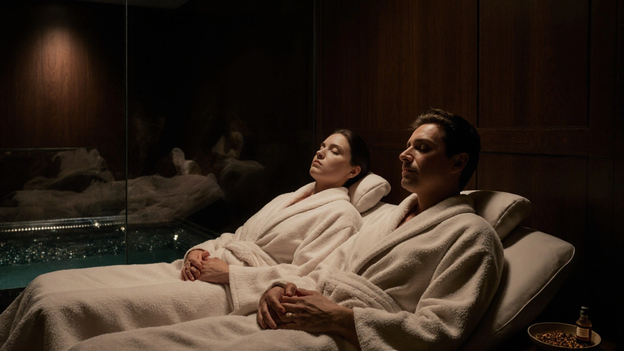 A couple relaxing in heated loungers after a massage, with a private plunge pool in the background.