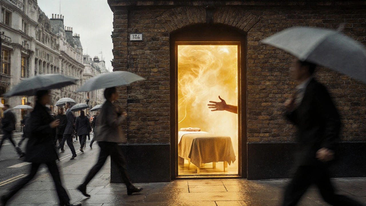 A golden oasis of relaxation appearing in a busy London street, symbolizing escape from stress.