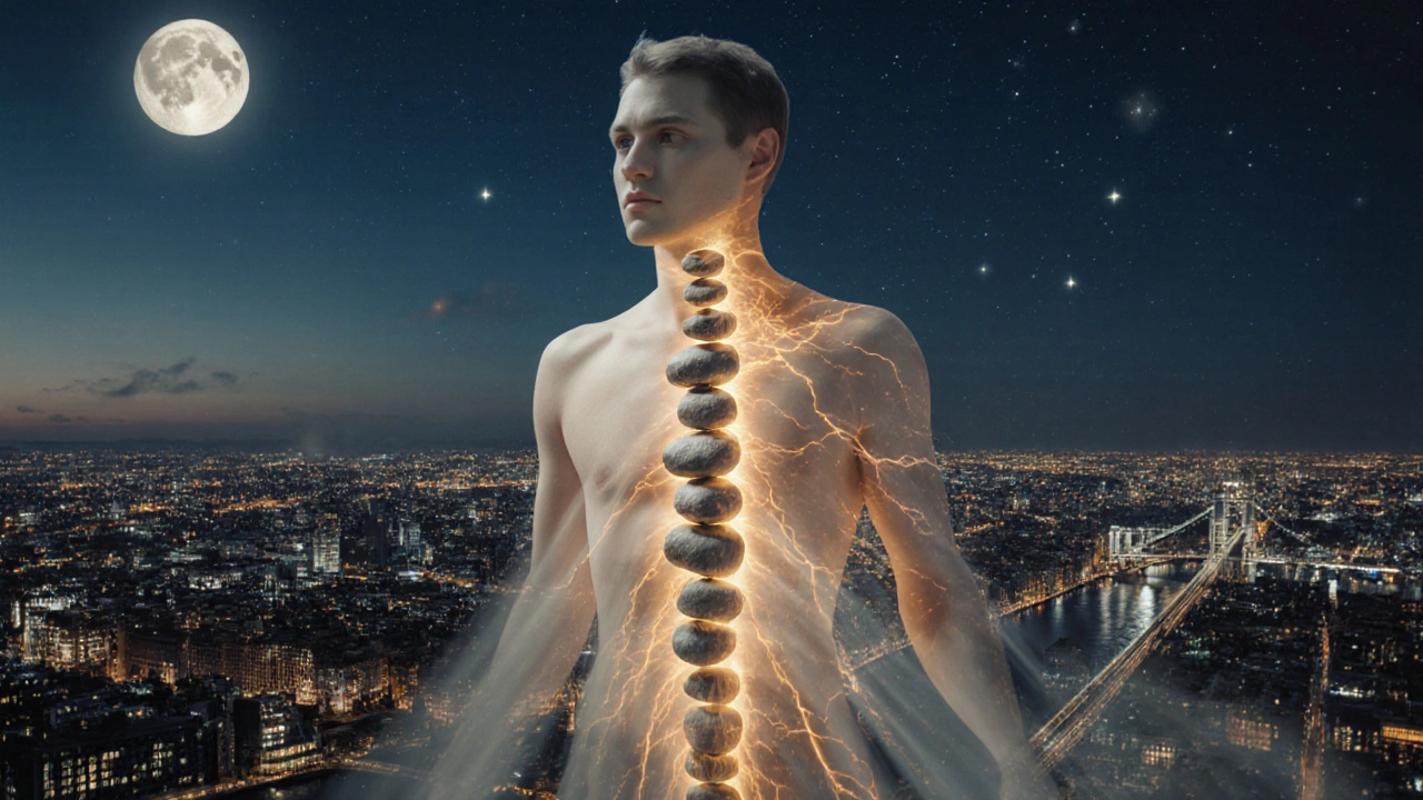 A person floating above a blurred London cityscape, their body glowing with warm light from healing stones.