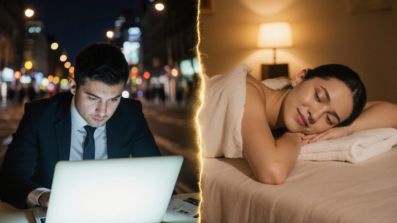 A person transformed from stressed office worker to relaxed spa guest, connected by golden light.