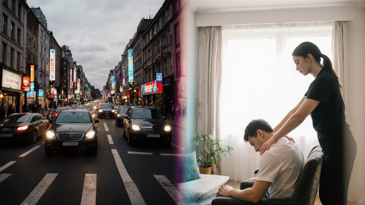 A split image showing chaotic London traffic on one side and a calm in-home massage on the other, symbolizing stress relief.