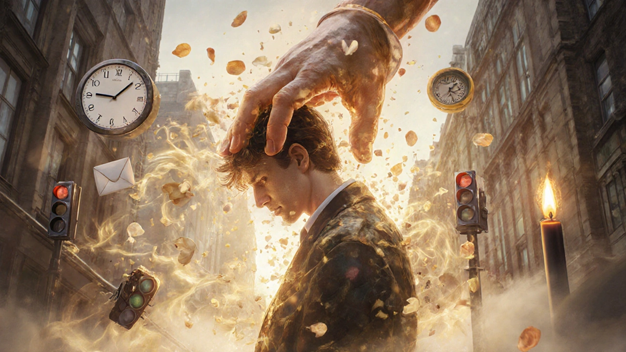 A surreal image of stress melting away as a warm stone hand soothes a person, city chaos fading into calm light.