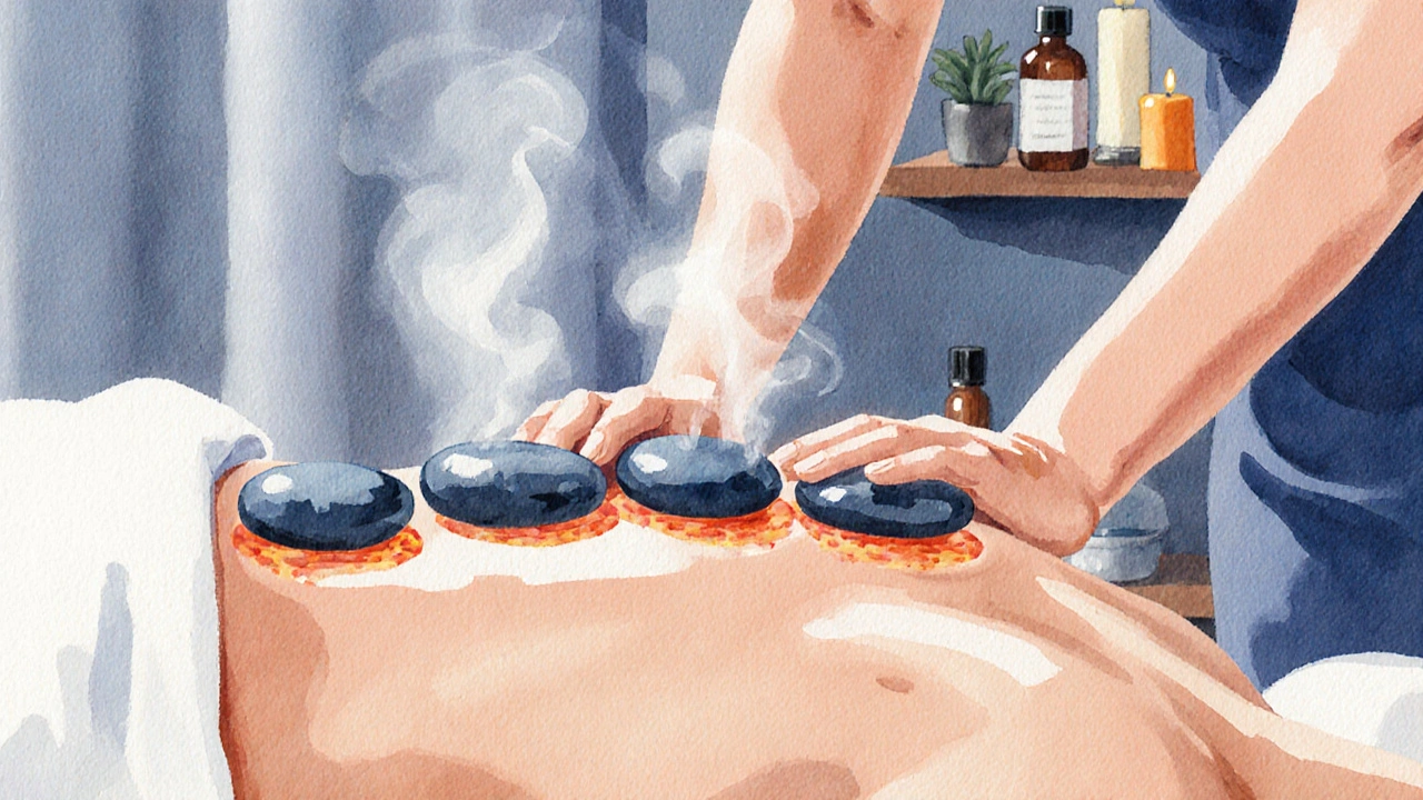 A therapist gently moving warm stones along a client&#039;s back in a peaceful, softly lit treatment room.