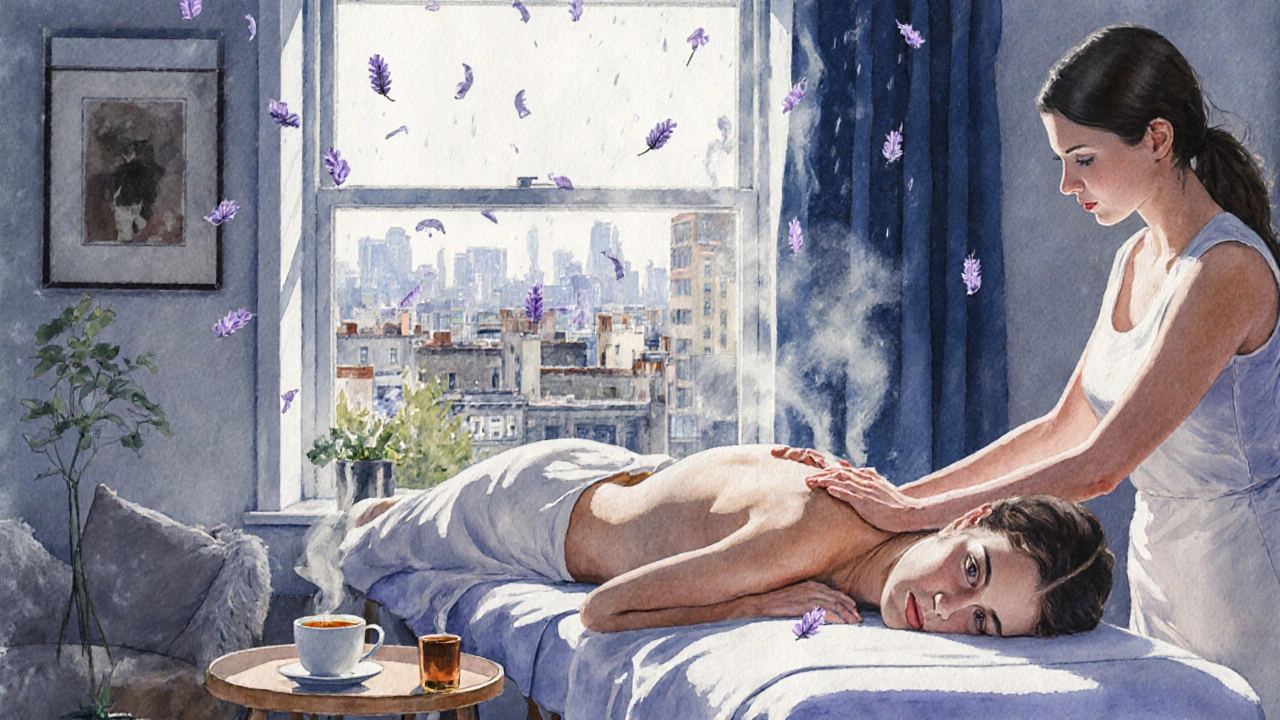 A woman receiving a home massage in London as rain falls outside, therapist&#039;s hands gently working on her shoulders.