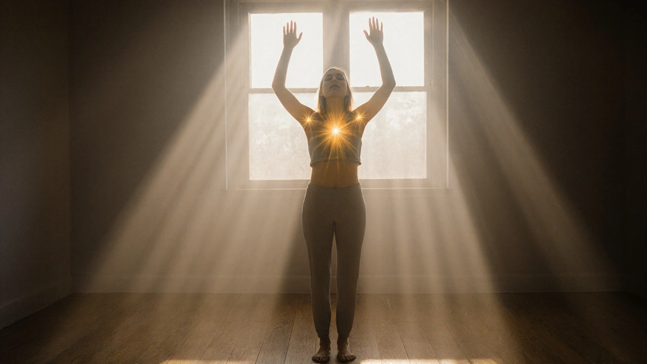 A woman standing calmly after a massage, radiating relaxation as tension melts from her shoulders.
