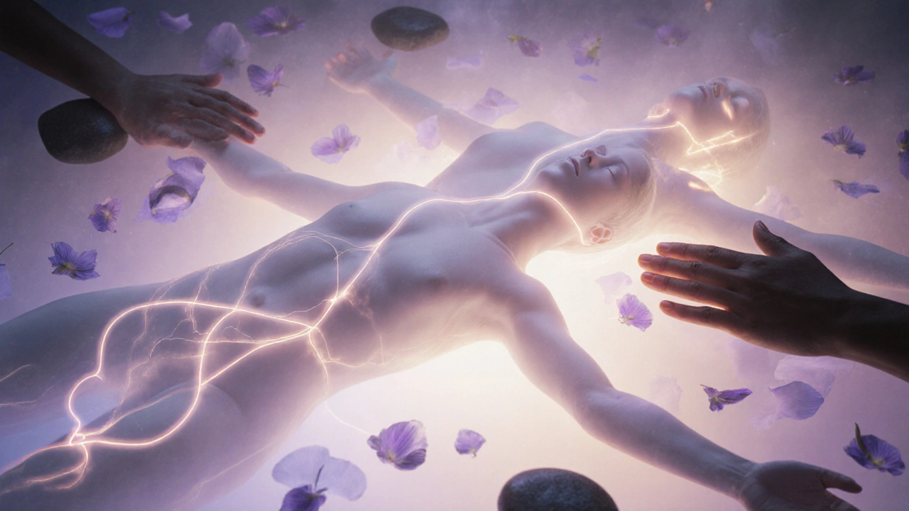 Abstract representation of synchronized breath and touch connecting two figures in a warm, glowing aura.