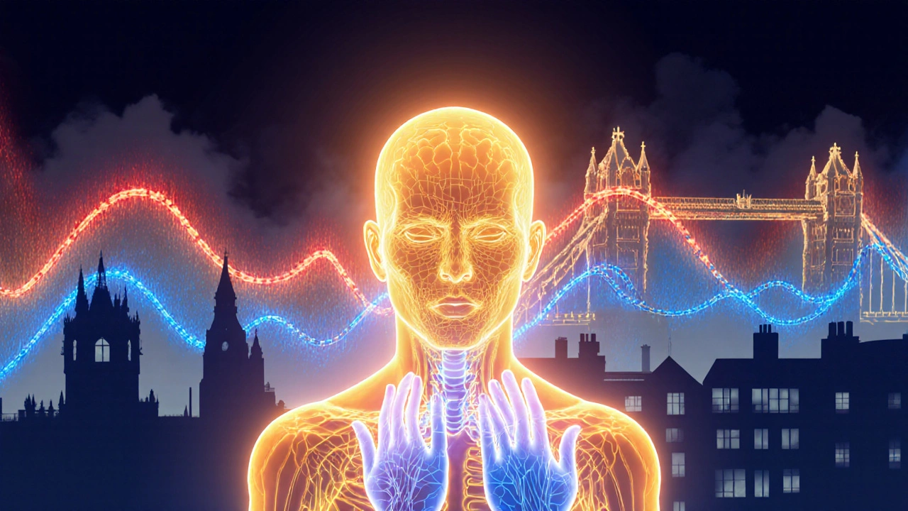 Abstract visualization of stress melting into calm as hands touch a human form.