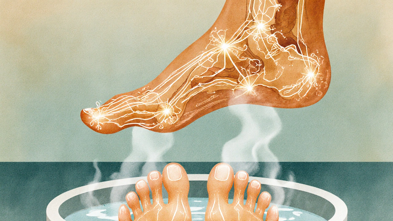 An artistic illustration of a foot with glowing lines connecting pressure points to internal organs.