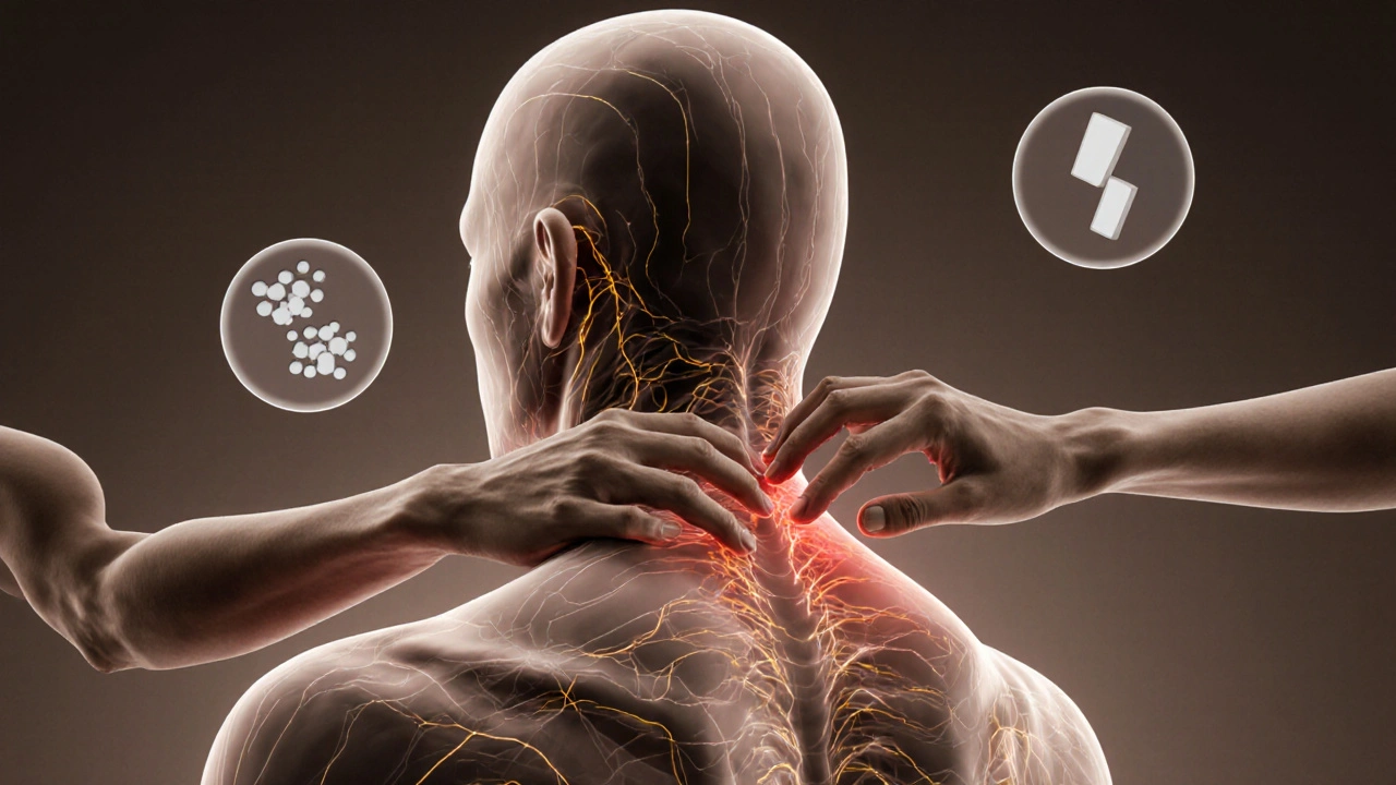 An artistic representation of tension pathways in the body being released by therapeutic hands.