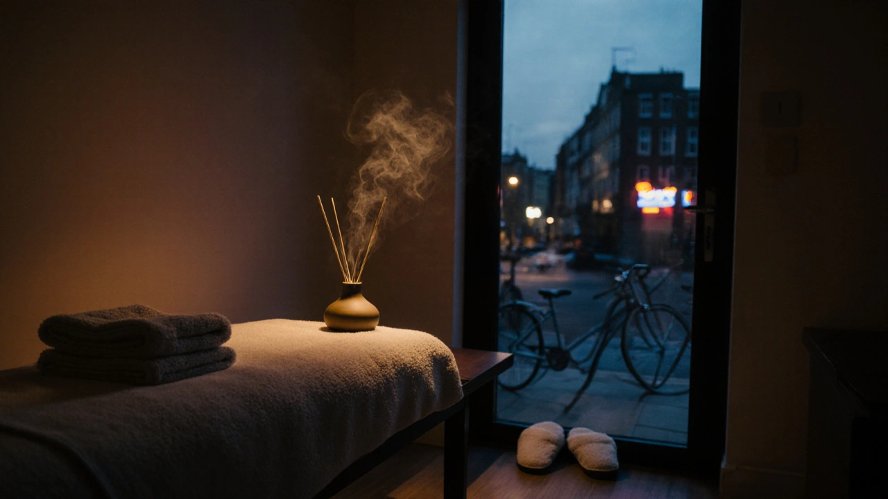 An empty massage room at dusk, with a folded towel, diffuser steam, and quiet urban views through the window.