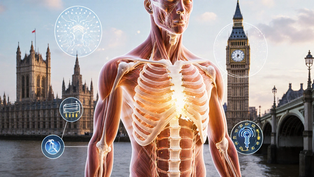 Anatomical illustration showing muscle adhesions releasing with lymphatic and nerve flow