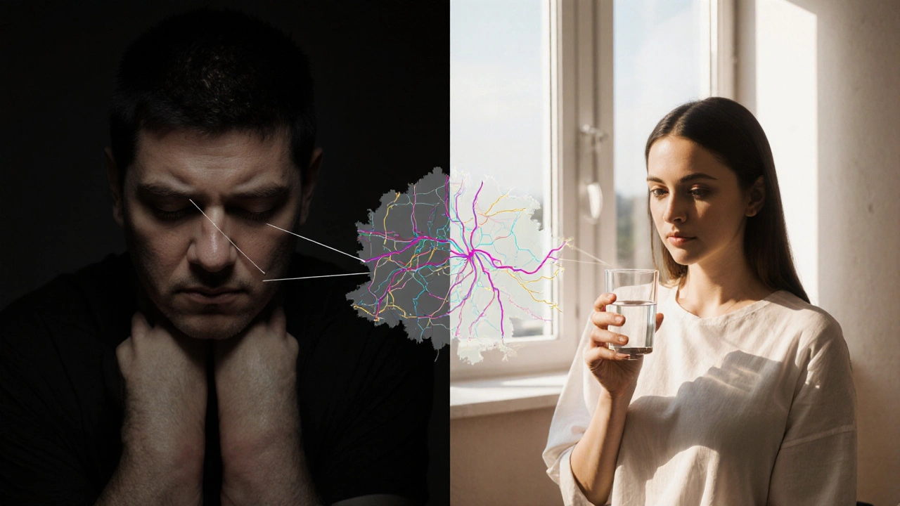 Before-and-after visual of a person showing reduced puffiness and improved vitality after lymphatic drainage therapy.