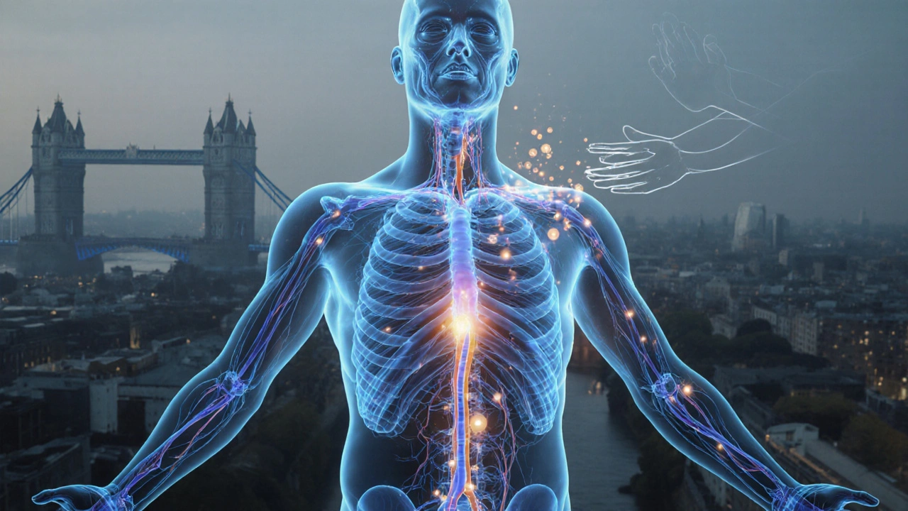 Bioluminescent lymphatic vessels glowing beneath the skin, guiding fluid toward lymph nodes with subtle hand movements above.