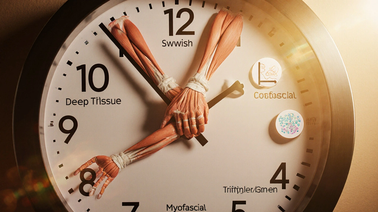 Clock face with muscle-shaped hands representing different massage therapies and health benefits.