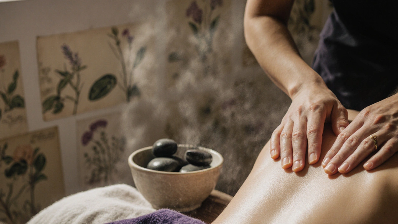 Close-up of a therapist&#039;s hands giving a relaxing massage with lavender oil and warm stones nearby.