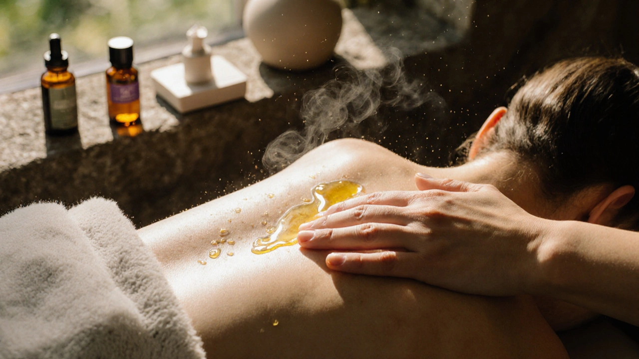 Close-up of hands applying essential oils during a therapeutic massage, with oil bottles nearby.