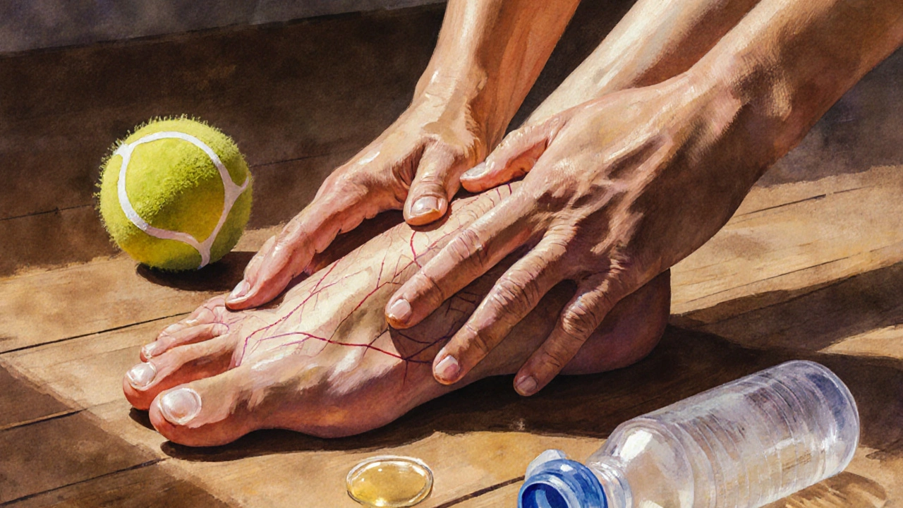 Close-up of hands massaging the arch of a foot with oil and massage tools nearby.