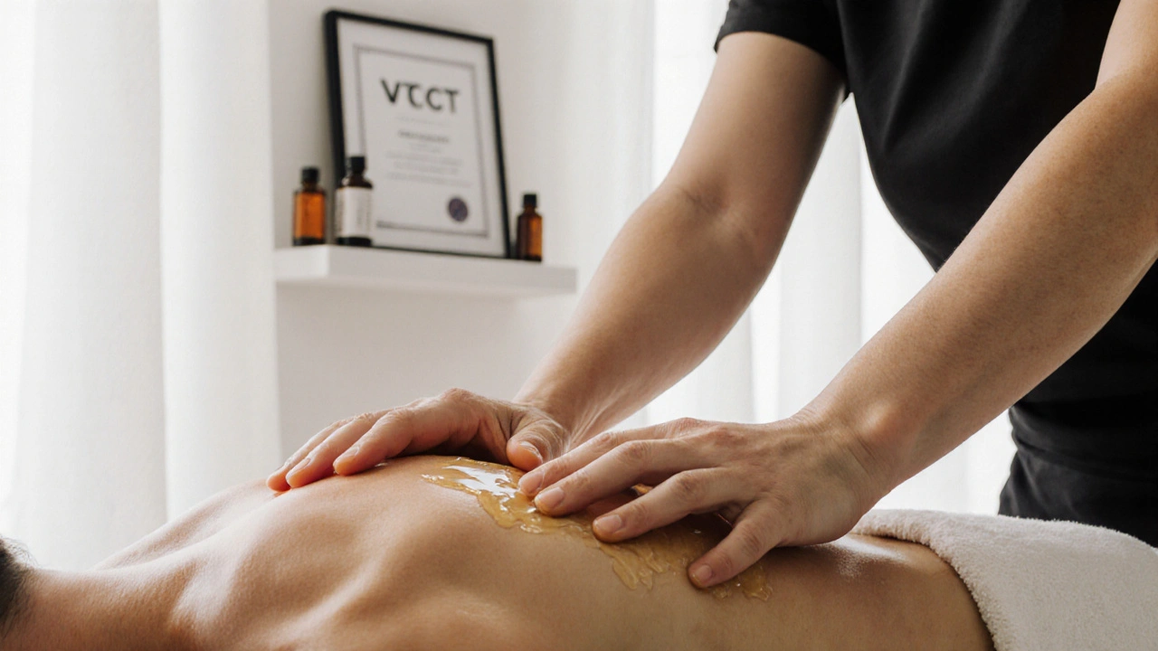 Close-up of hands using kneading and circular friction techniques during a Swedish massage.