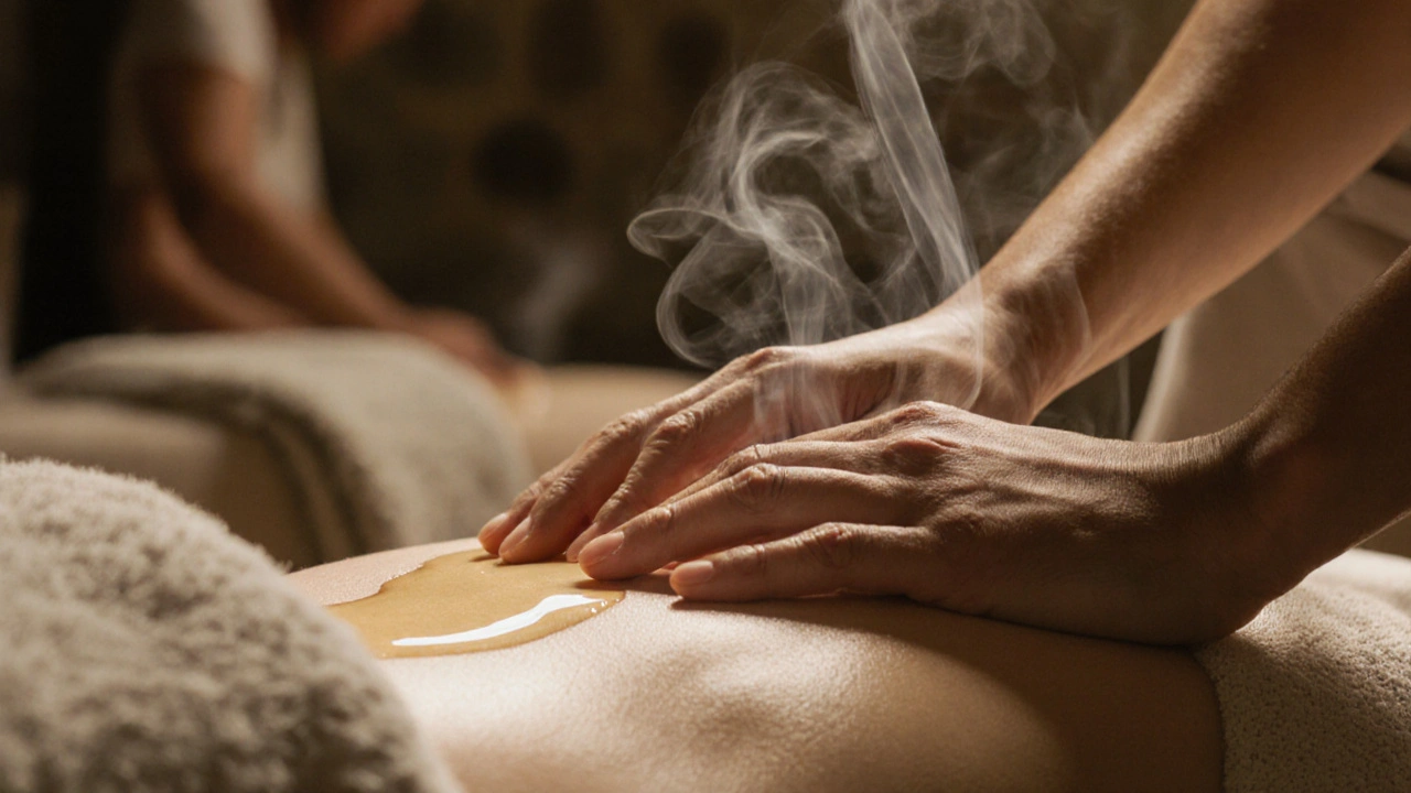 Close-up of two partners&#039; hands gently touching on a massage table, oil shimmering in warm light.