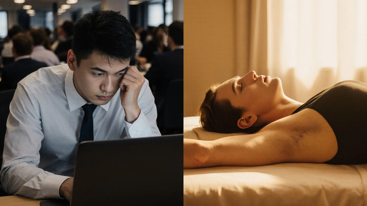 Contrast between a stressed office worker and a relaxed person receiving massage therapy.