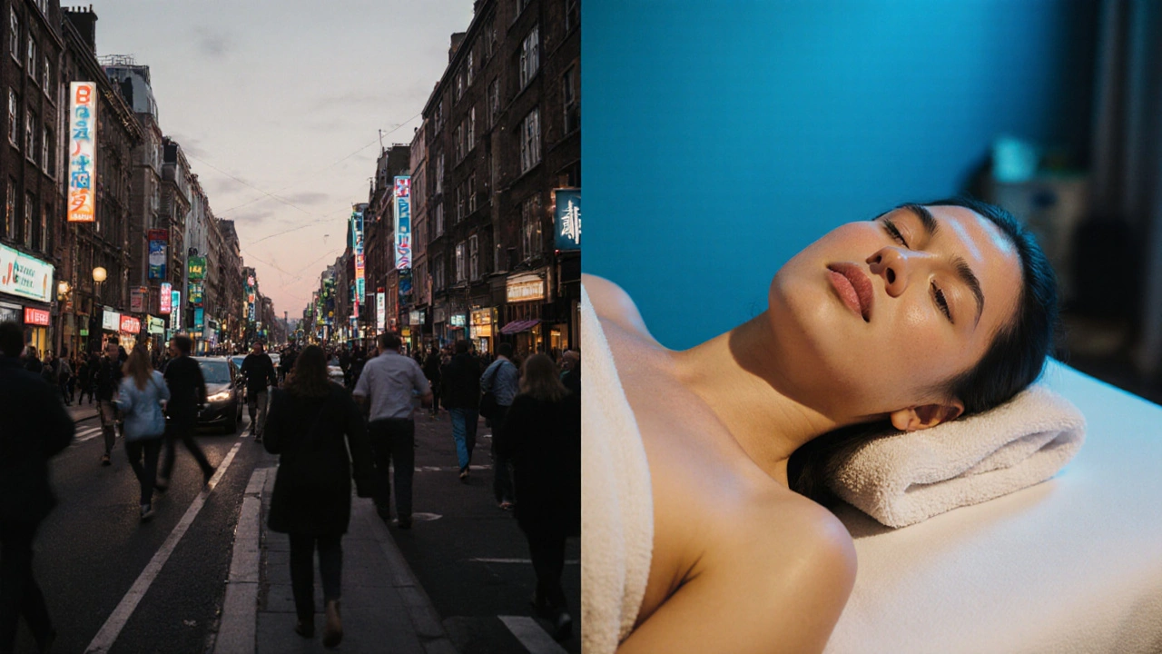 Contrasting scene: busy London street versus serene massage room where a person finds peace.
