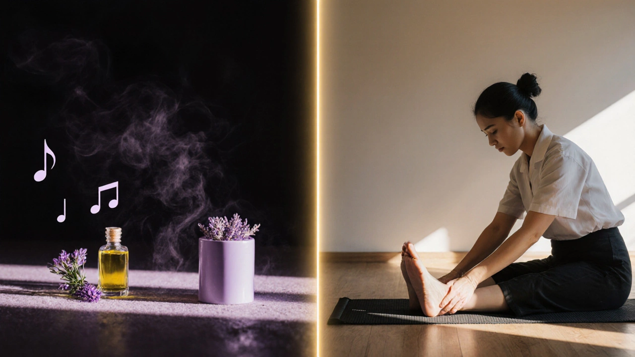 Contrasting scenes: luxury spa with oils and mist vs. traditional Thai massage on a floor with natural light.