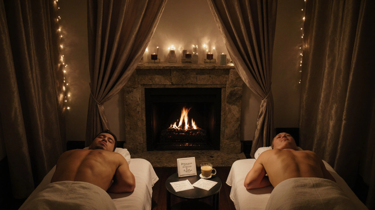 Couples enjoying side-by-side massage in a serene, candlelit suite.