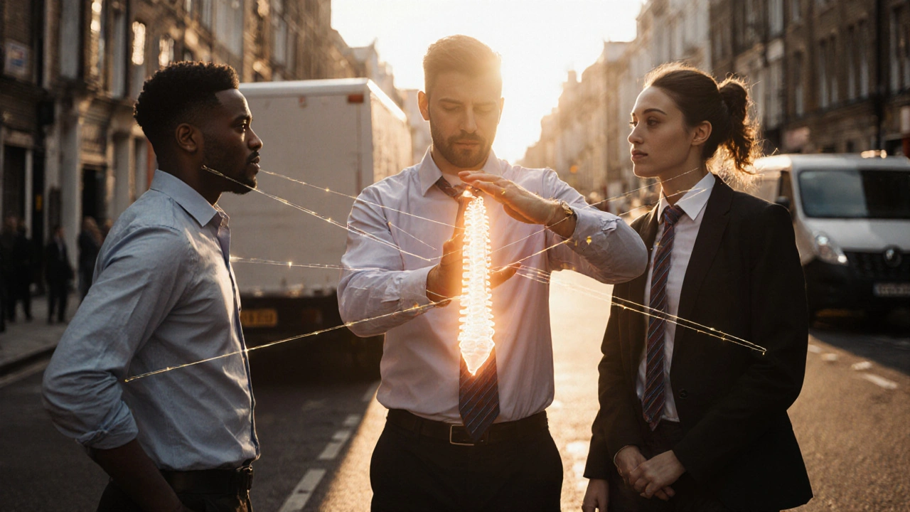 Diverse Londoners connected by healing threads to a therapist supporting a balanced spine
