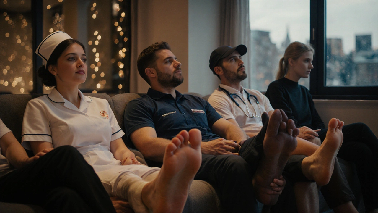 Diverse people relaxing as their feet are massaged in different settings, all bathed in calm light.