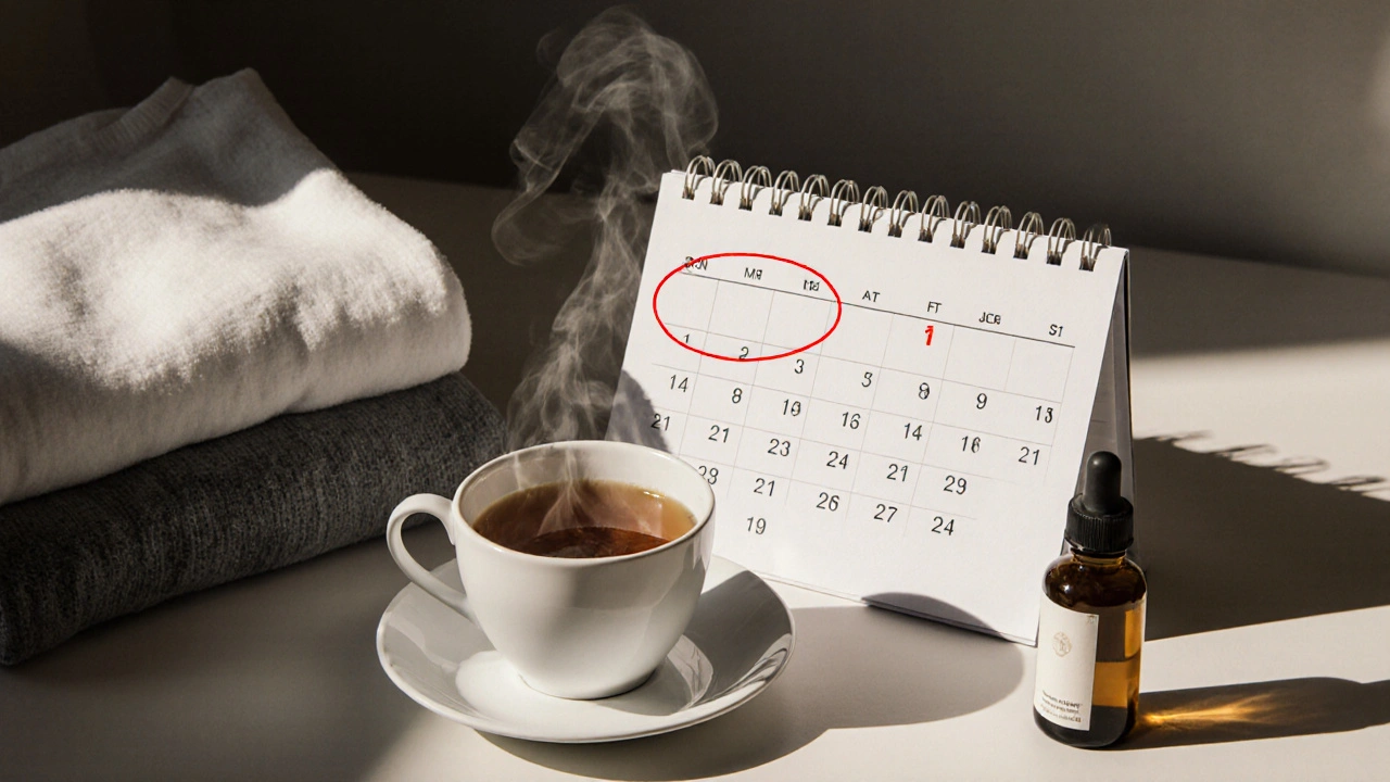 Empty scene with massage oil bottle, tea, and calendar marking self-care routine, morning light streaming in.