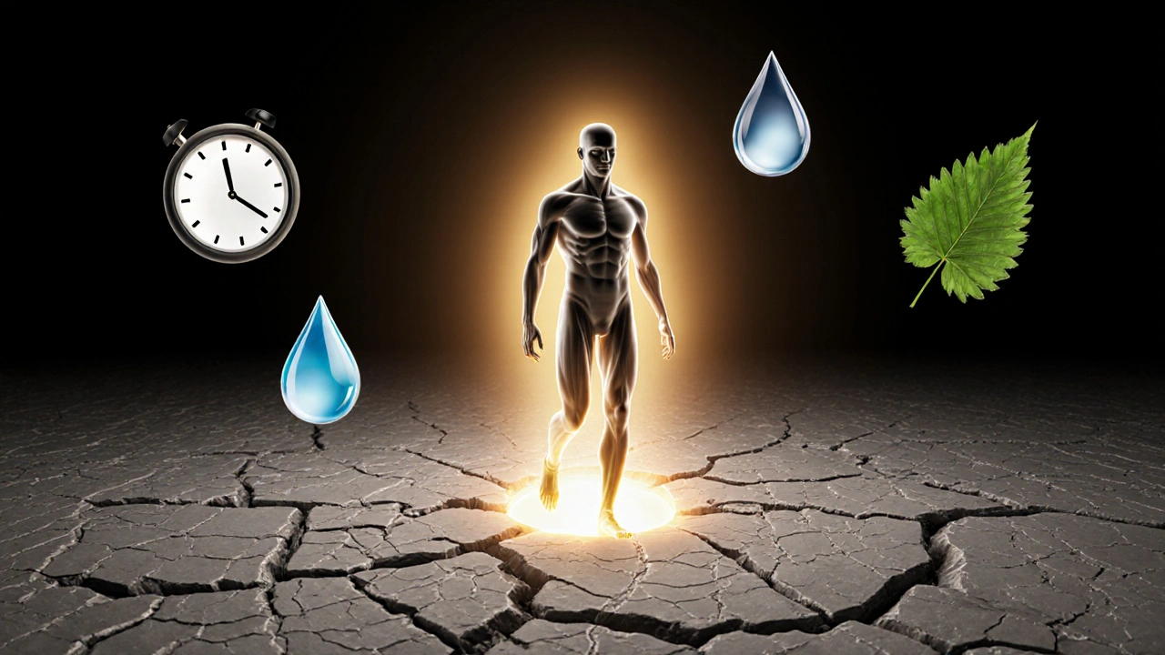 Figurative image of a person breaking free from tension into a glowing state of calm.