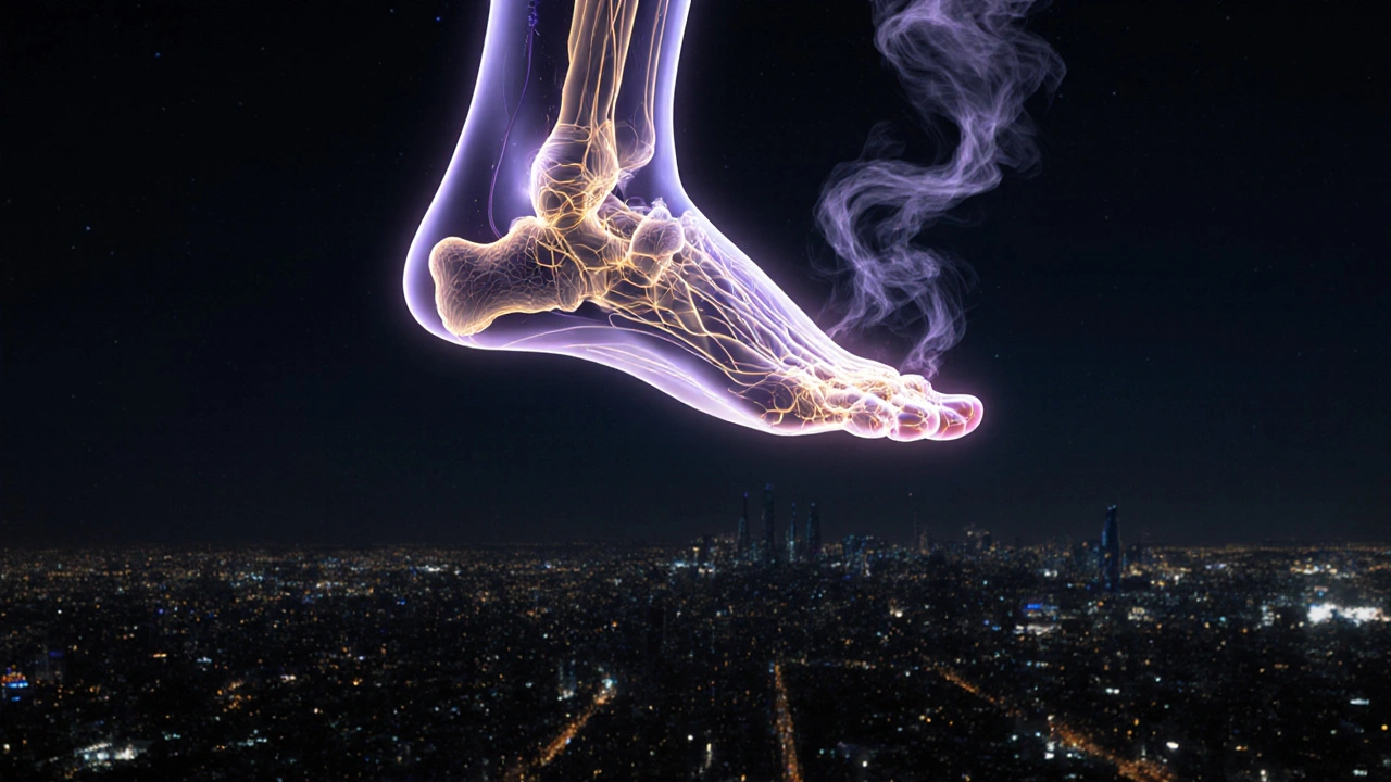 Floating foot with glowing nerve pathways above a city skyline at night.