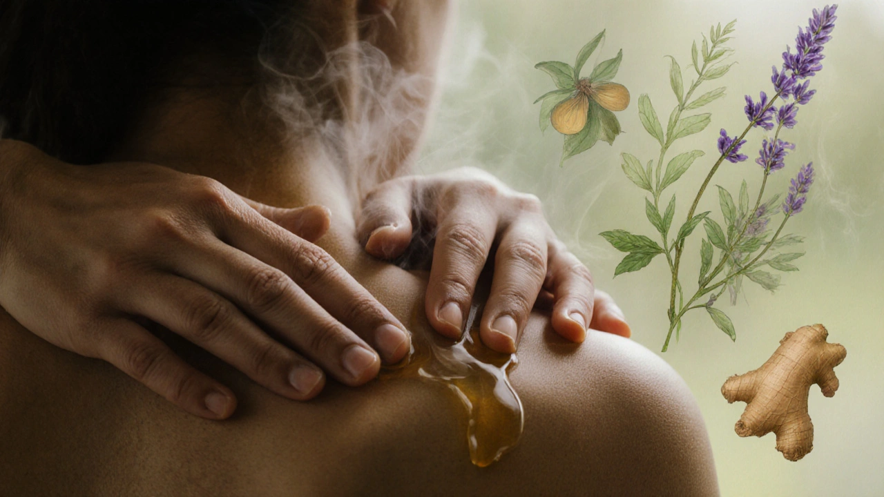 Hands applying essential oil blend to shoulder with botanical elements in soft focus.