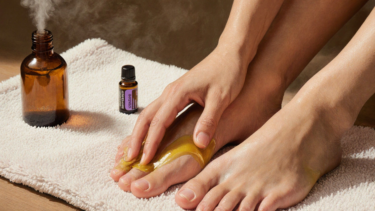 Hands massaging lavender-infused oil into bare feet with essential oil bottle and diffuser nearby.