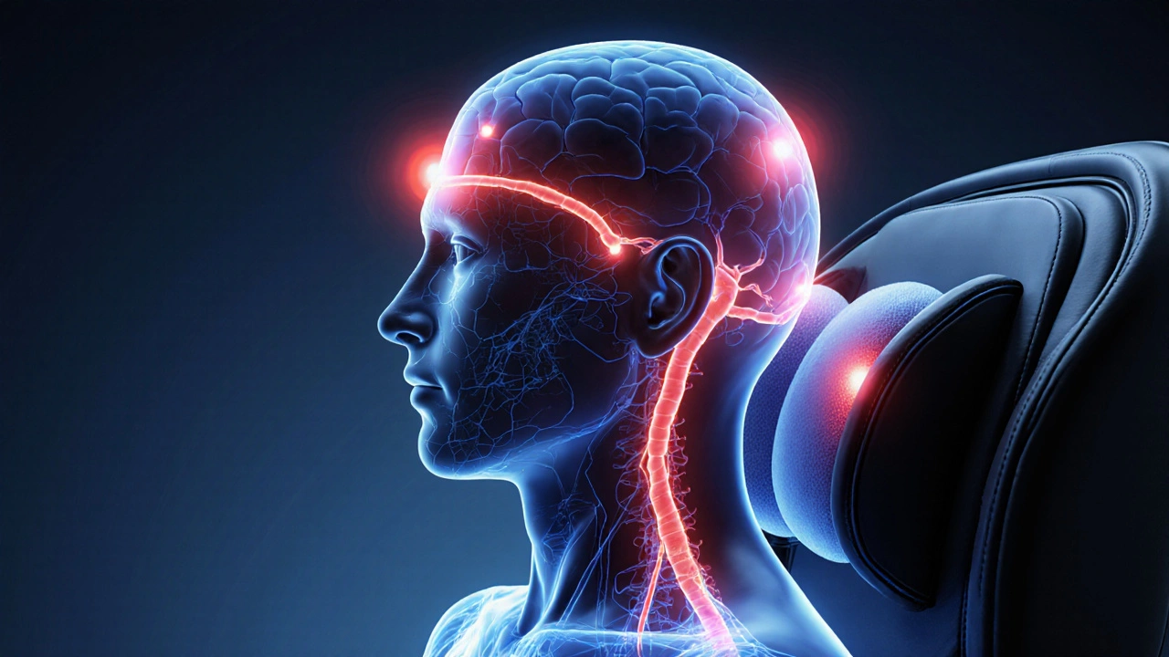Illustration of vagus nerve pathway illuminated along the neck and skull during head massage.