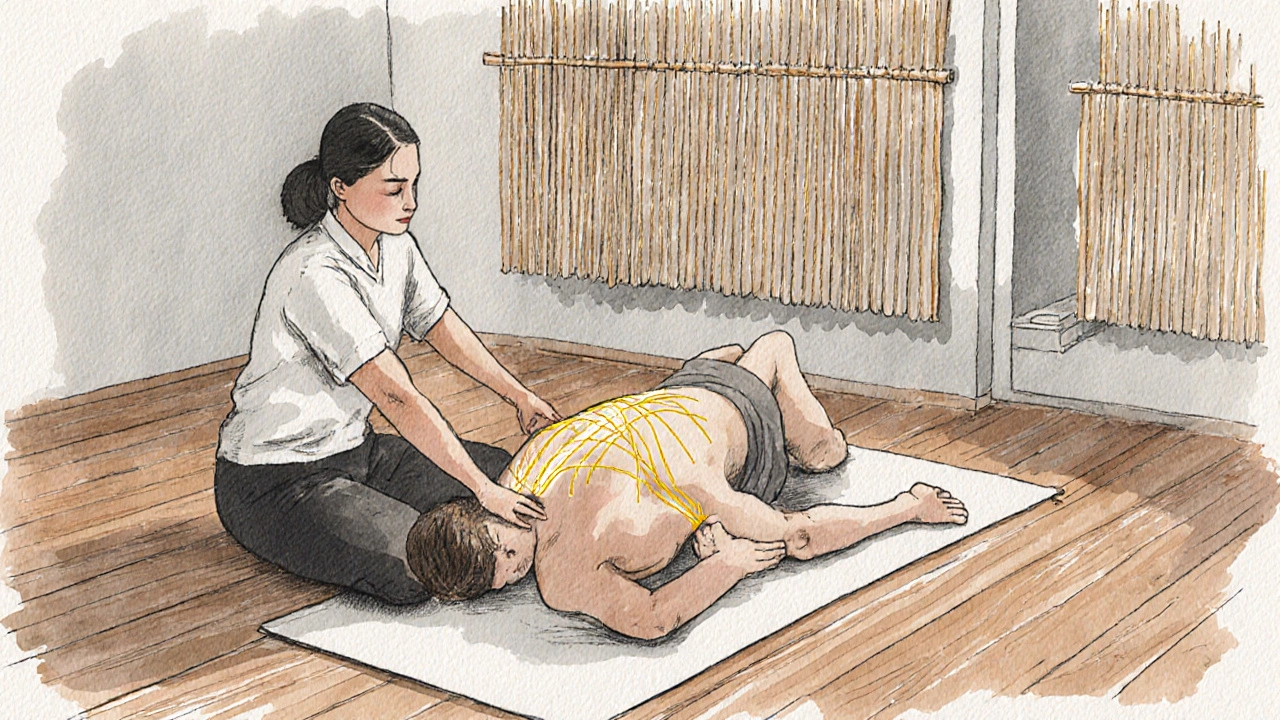 Ink-wash illustration of a therapist applying pressure along glowing energy lines during a Thai massage.