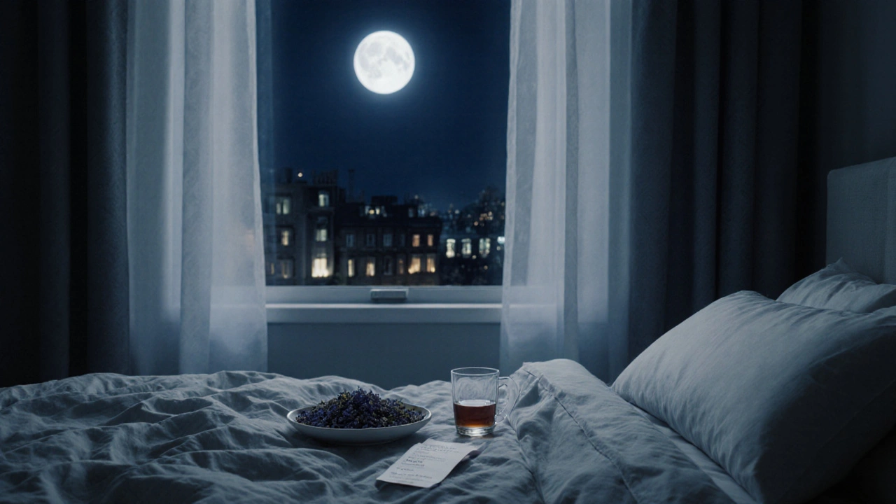 Moonlit bedroom with lavender and herbal tea, signaling restful sleep after aromatherapy.