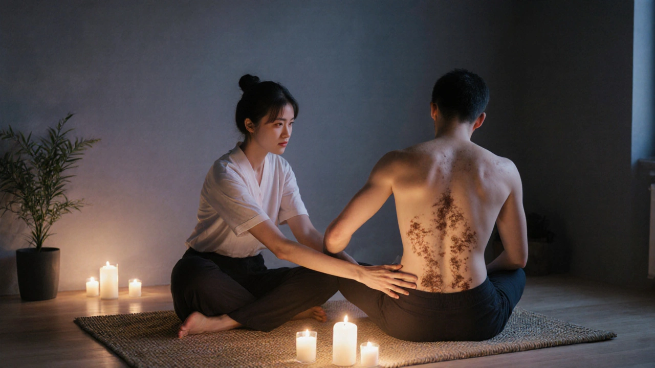 Partners practicing Shiatsu massage at home, one applying pressure to the other&#039;s back in quiet intimacy.
