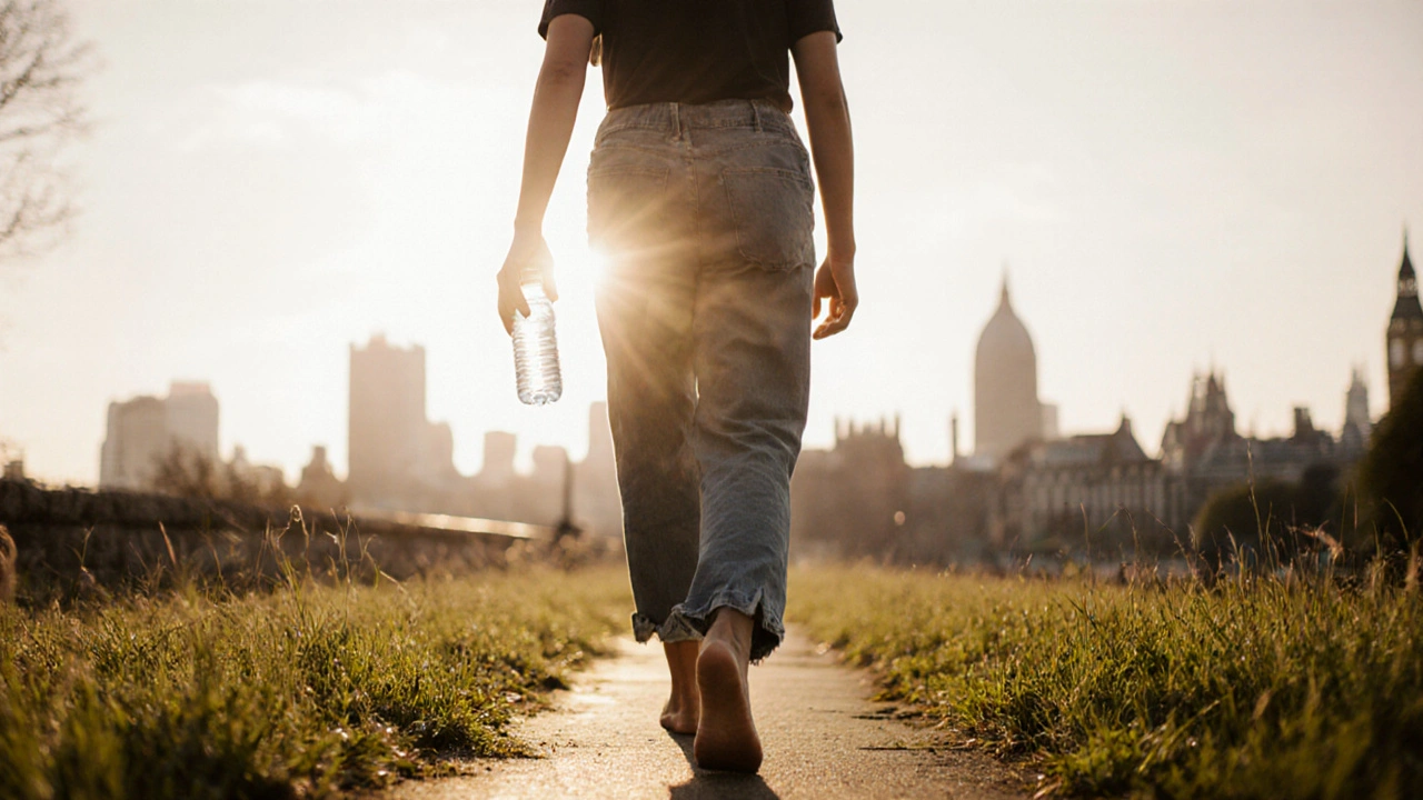 Person walking barefoot on grass after massage, holding water, golden hour light, relaxed posture, blurred city skyline.