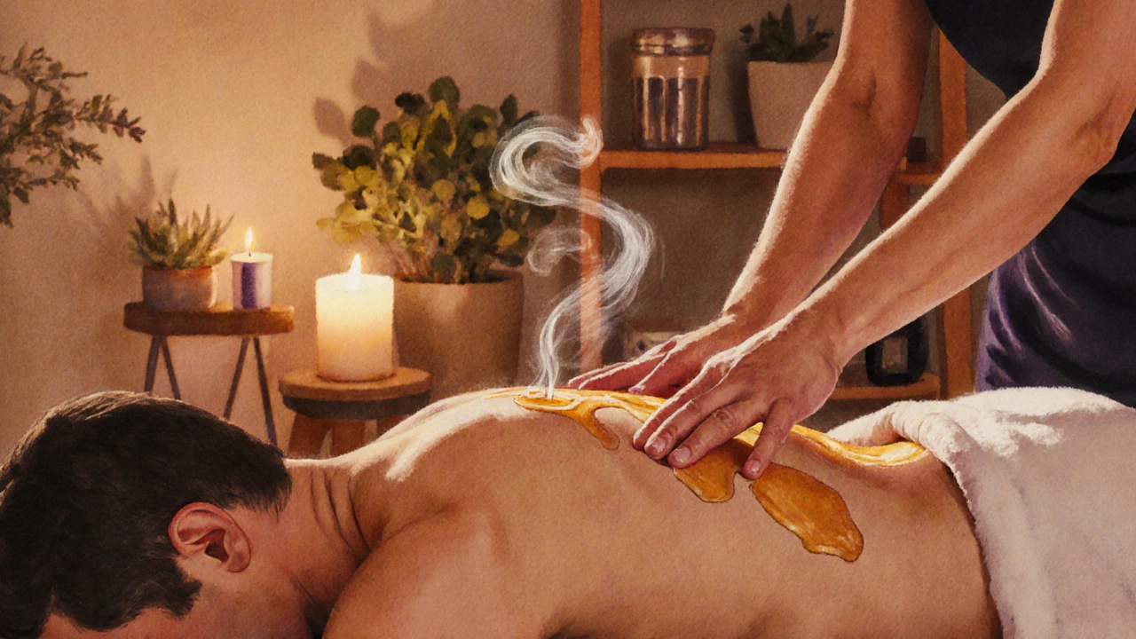 Someone receiving a gentle aromatherapy massage in a cozy studio with candlelight and plants.
