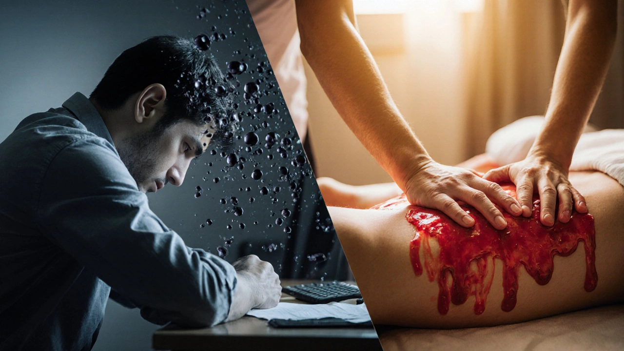 Split image contrasting stagnant blood flow from sitting at a desk versus dynamic circulation after a massage.