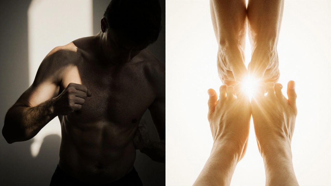 Split image showing physical tension on one side and calming reflexology release on the other.