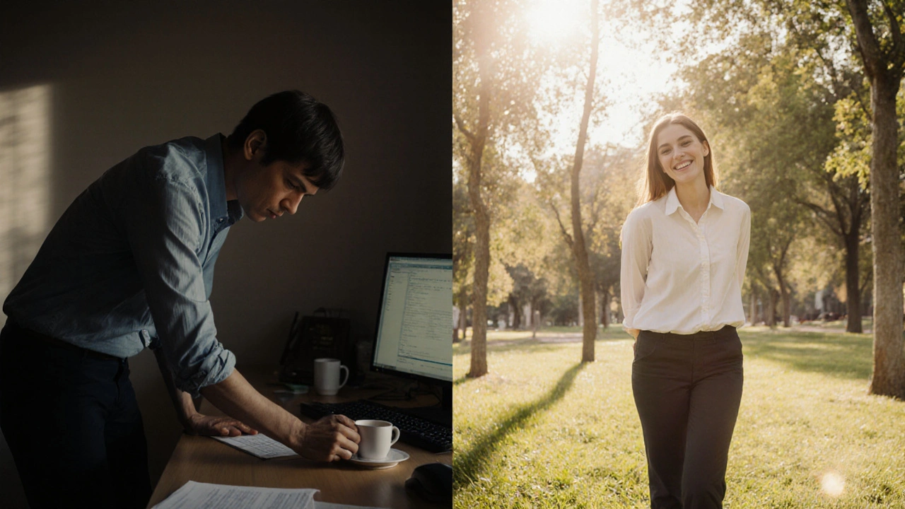 Split image showing transition from stiff posture to free, fluid movement after massage.