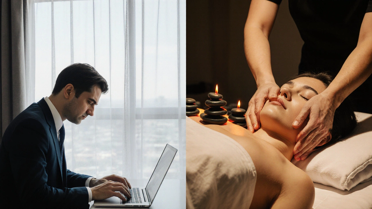 Split image showing transition from stressed office worker to relaxed client receiving massage in hotel room.