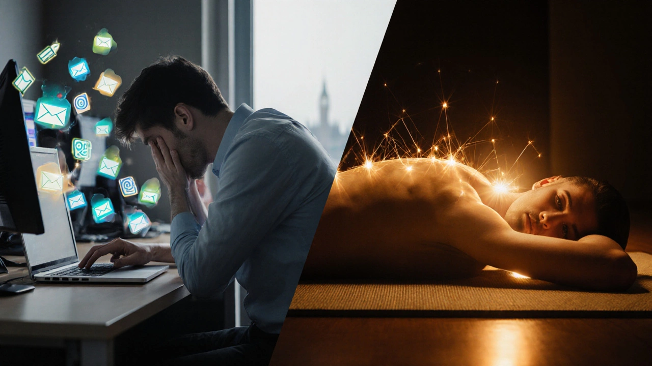 Split image: stressed office worker vs. relaxed person after Thai massage, showing contrast between tension and peace.