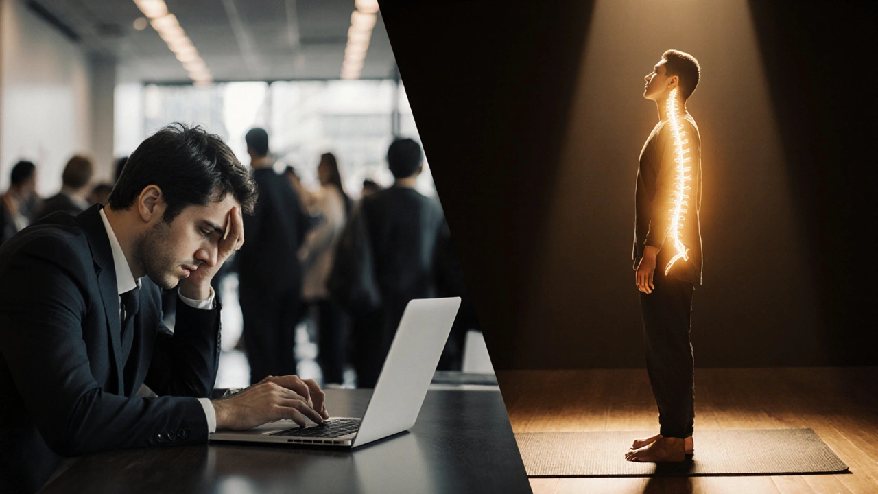 Split image: stressed office worker vs. relaxed person after Thai massage, symbolizing body reset.