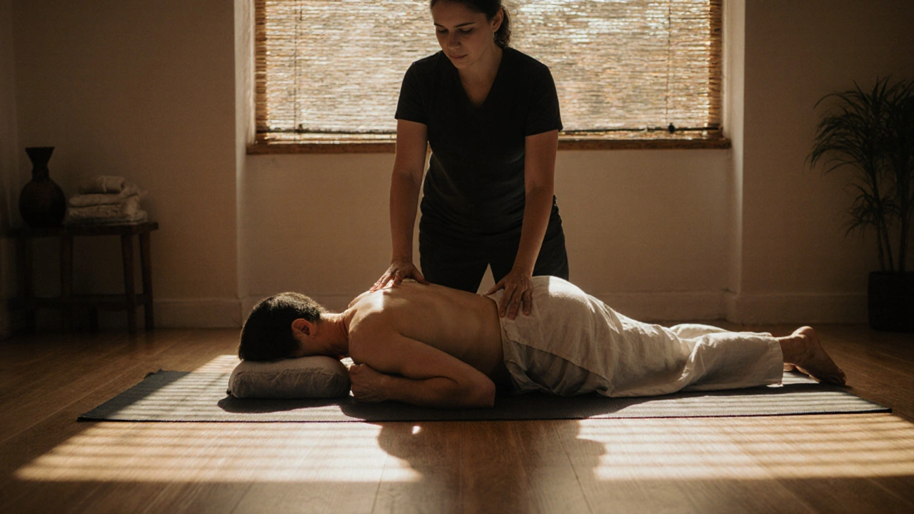 Thai massage session on a mat with therapist guiding client through a gentle stretch.